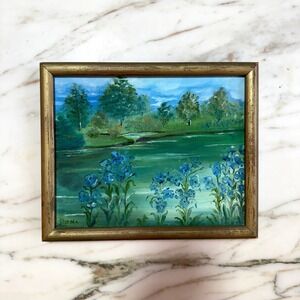 Vintage Texas Landscape Bluebonnets Oil Painting Cottage Farmhouse Framed 11 x 9